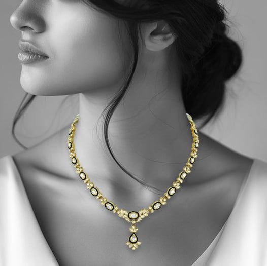 Polki Necklace with Black Meena Oval Motif